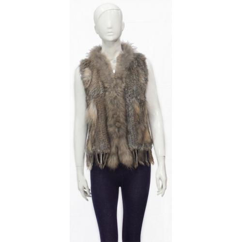 Winter Fur Ladies Brown Genuine Knitted Rabbit Vest With Raccoon Trimming W05V03BR